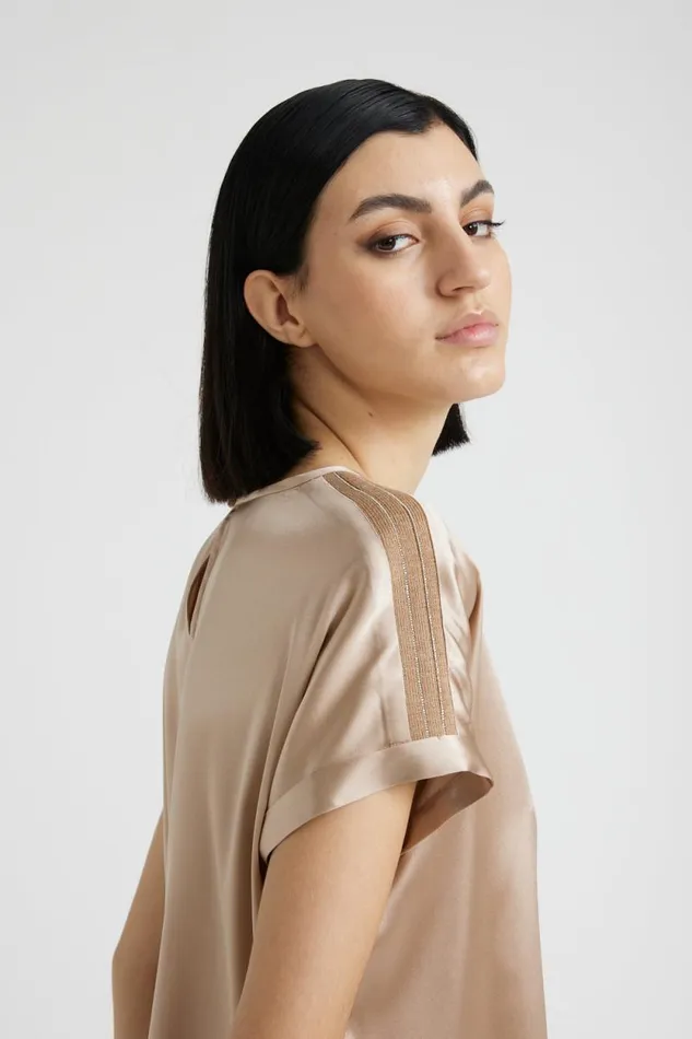 Peserico Tops And TShirts Woman Silk Satin TShirt With Punto Luce Trim Macchiato Peserico Tops And TShirts Woman Silk Satin TShirt With Punto Luce Trim Macchiato