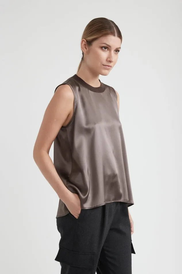 Peserico Tops And TShirts Woman Silk Satin Top Relaxed Fit Top Walnut