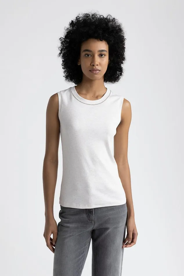 Peserico Tops And TShirts Woman Stretch Jersey Top With Punto Luce Trim Hornbeam Peserico Tops And TShirts Woman Stretch Jersey Top With Punto Luce Trim Hornbeam