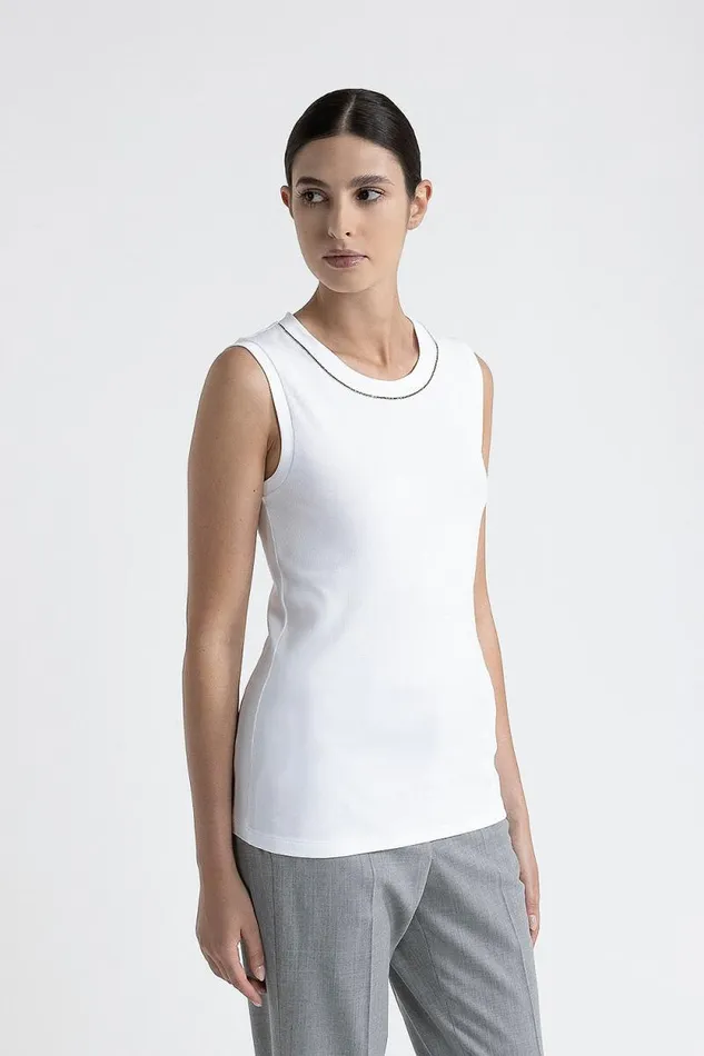 Peserico Tops And TShirts Woman Stretch Jersey Top With Punto Luce Trim Pure White Peserico Tops And TShirts Woman Stretch Jersey Top With Punto Luce Trim Pure White