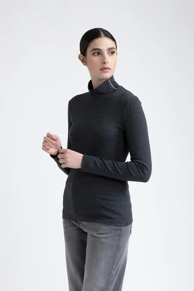 Peserico Tops And TShirts Woman Turtleneck Top With Punto Luce Trim Graphite