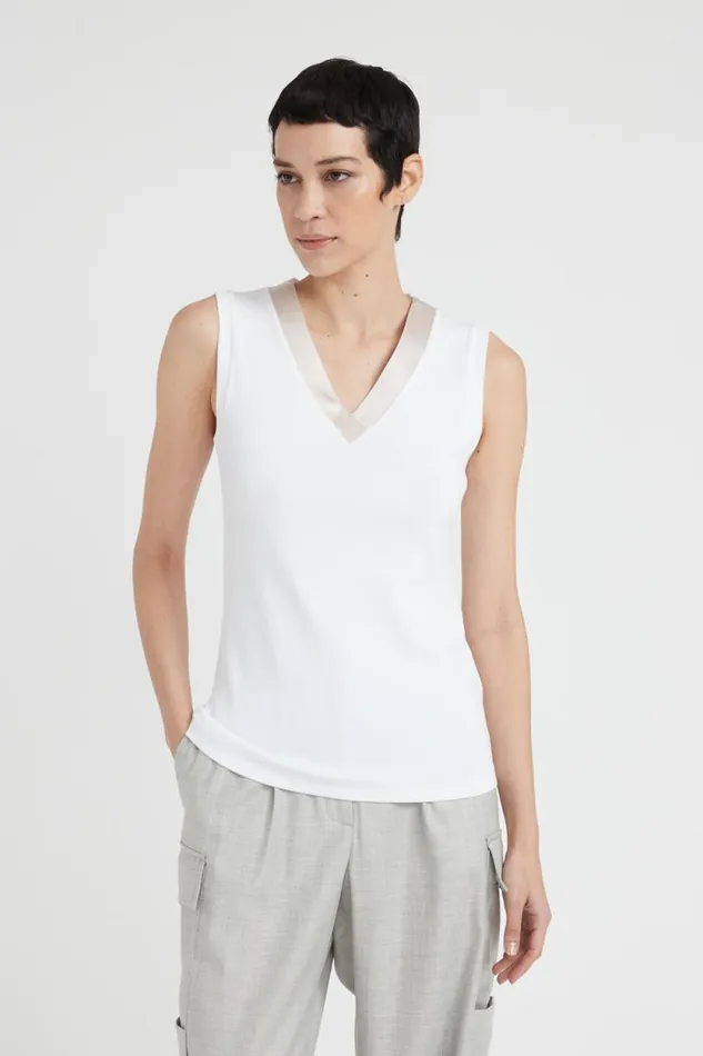 Peserico Tops And TShirts Woman VNeck Cotton Jersey Micro Rib Top Pearl Beige Peserico Tops And TShirts Woman VNeck Cotton Jersey Micro Rib Top Pearl Beige