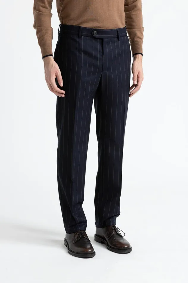Peserico Trousers Man Unlined Pinstripe Wool Classic Trousers Inkwell Blue