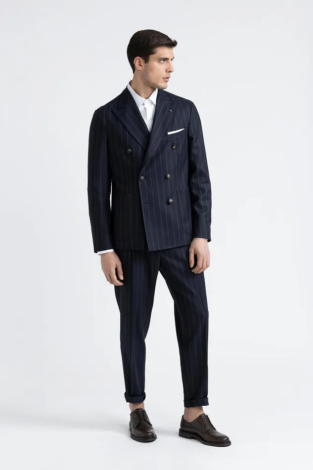Peserico Trousers Man Unlined Pinstripe Wool Classic Trousers Inkwell Blue Peserico Trousers Man Unlined Pinstripe Wool Classic Trousers Inkwell Blue