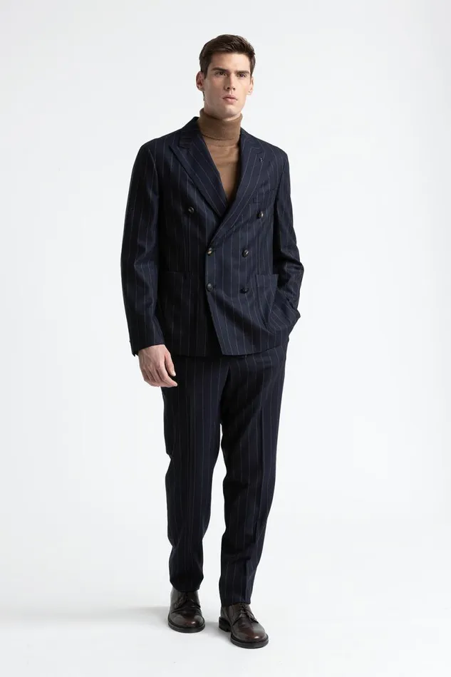 Peserico Trousers Man Unlined Pinstripe Wool Classic Trousers Inkwell Blue Peserico Trousers Man Unlined Pinstripe Wool Classic Trousers Inkwell Blue