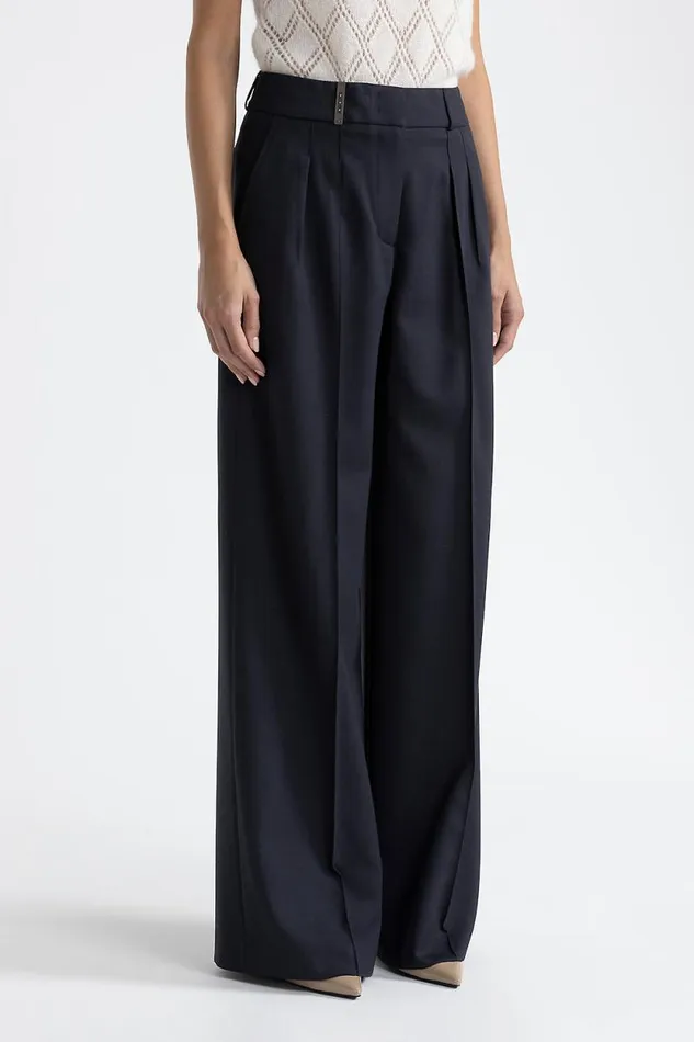 Peserico Trousers Woman Stretch Wool Pleated Palazzo Trousers Inkwell Blue
