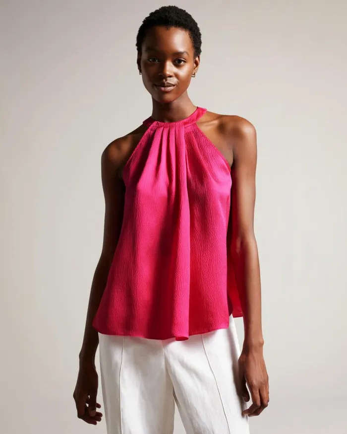 Pleated Satin Halter Neck Top Bright Pink Women Ted Baker Clothing Pleated Satin Halter Neck Top Bright Pink Women Ted Baker Clothing