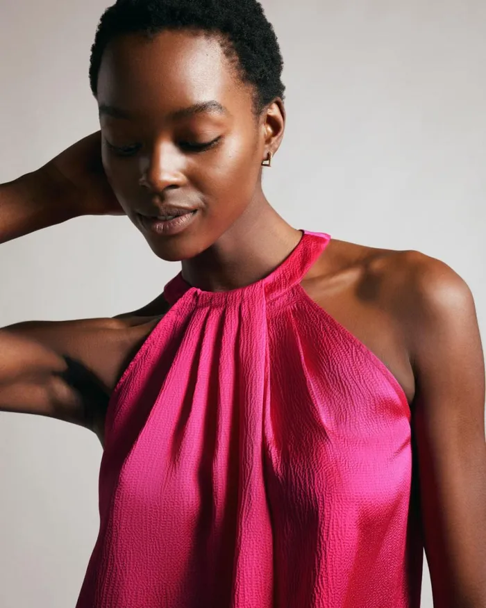 Pleated Satin Halter Neck Top Bright Pink Women Ted Baker Clothing Pleated Satin Halter Neck Top Bright Pink Women Ted Baker Clothing