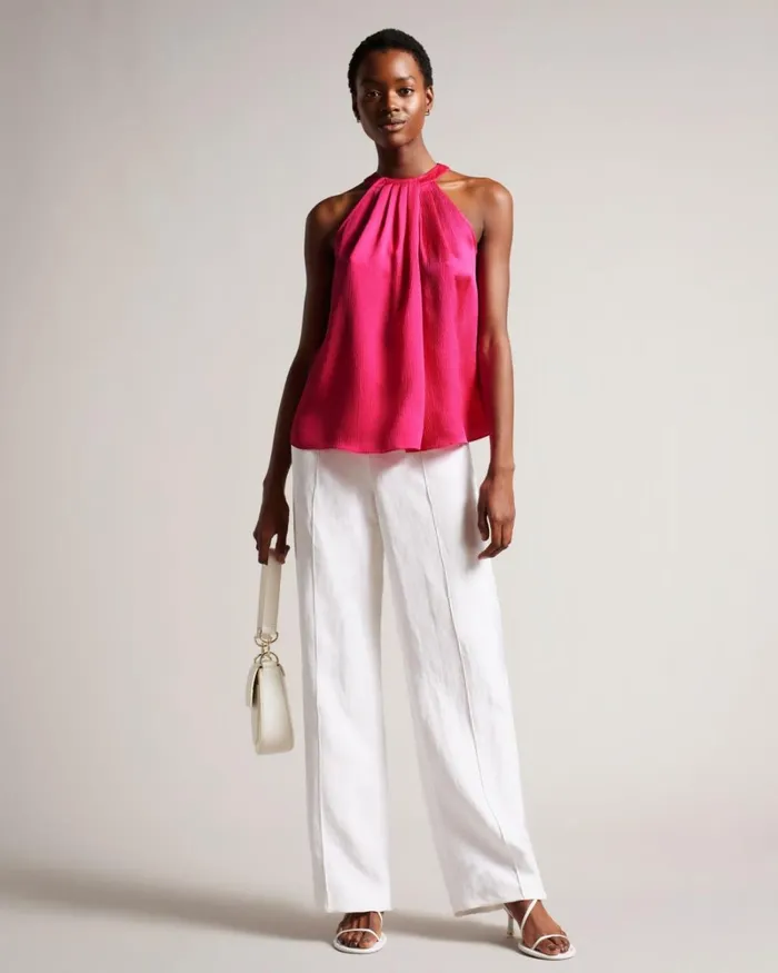 Pleated Satin Halter Neck Top Bright Pink Women Ted Baker Clothing Pleated Satin Halter Neck Top Bright Pink Women Ted Baker Clothing