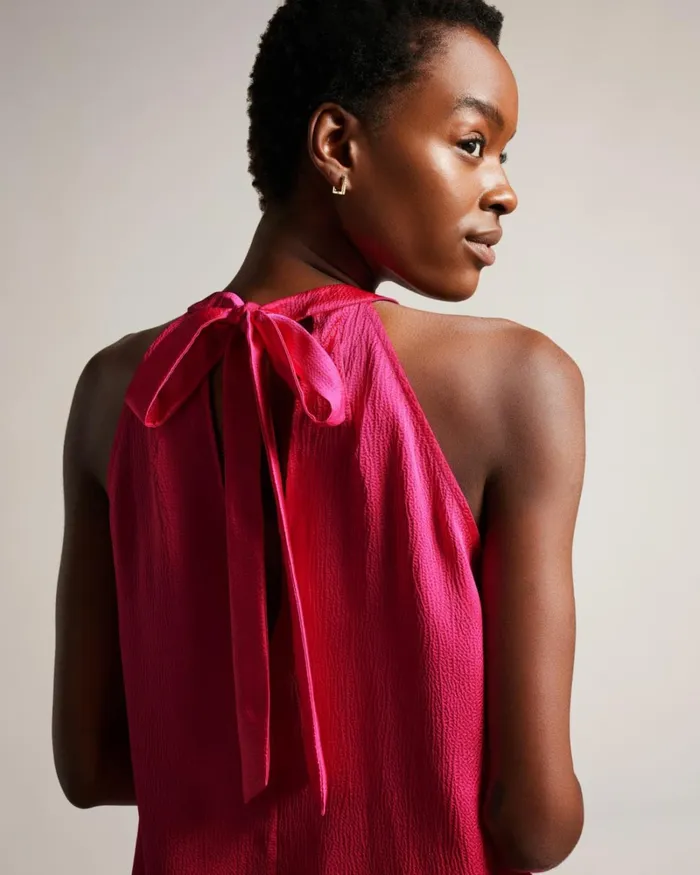 Pleated Satin Halter Neck Top Bright Pink Women Ted Baker Clothing Pleated Satin Halter Neck Top Bright Pink Women Ted Baker Clothing
