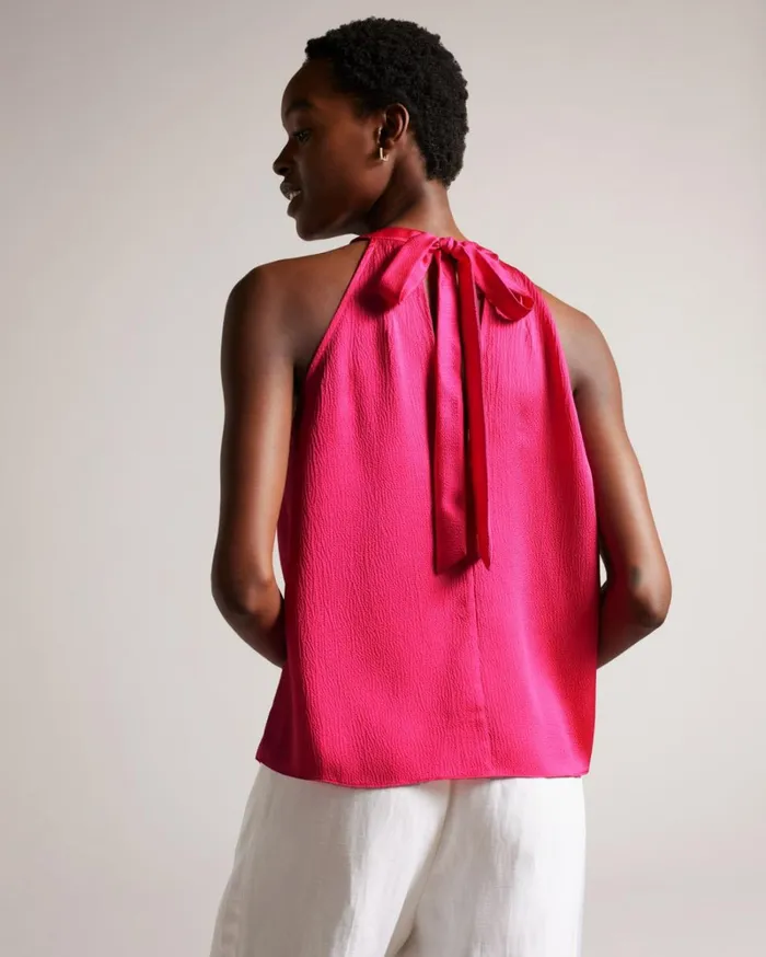 Pleated Satin Halter Neck Top Bright Pink Women Ted Baker Clothing Pleated Satin Halter Neck Top Bright Pink Women Ted Baker Clothing