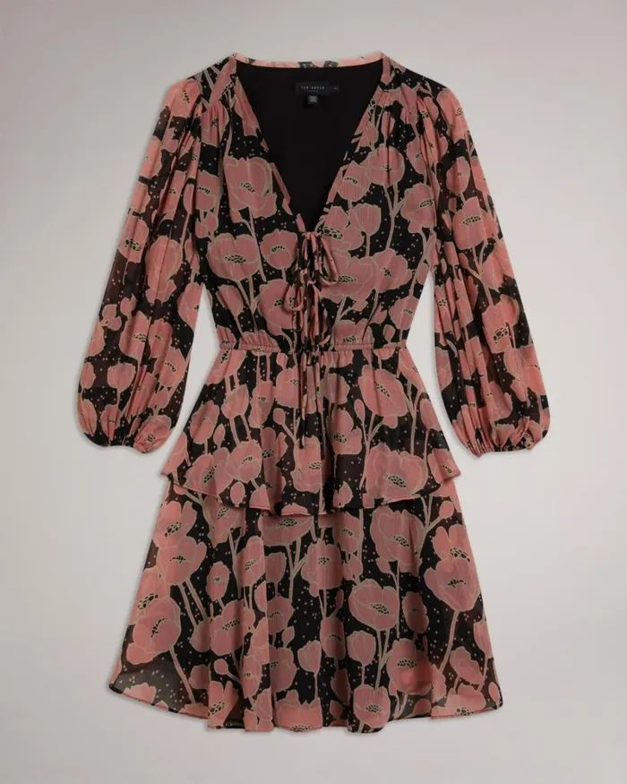 Poppy Print Tie Front Mini Dress Black Women Ted Baker Clothing