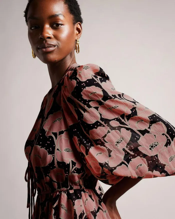 Poppy Print Tie Front Mini Dress Black Women Ted Baker Clothing