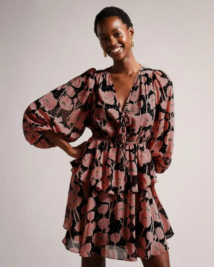 Poppy Print Tie Front Mini Dress Black Women Ted Baker Clothing