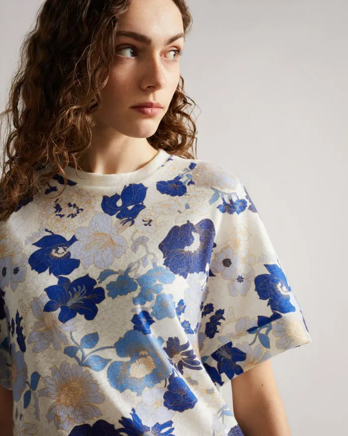 Printed Linen Tee Light Blue Women Ted Baker Tops and TShirts