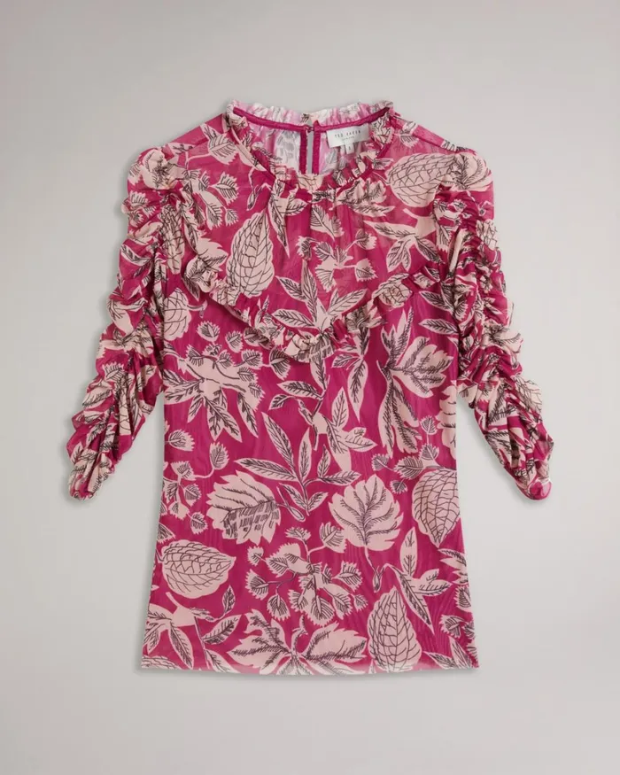 Printed Mesh Top With Frills Bright Pink Women Ted Baker Clothing