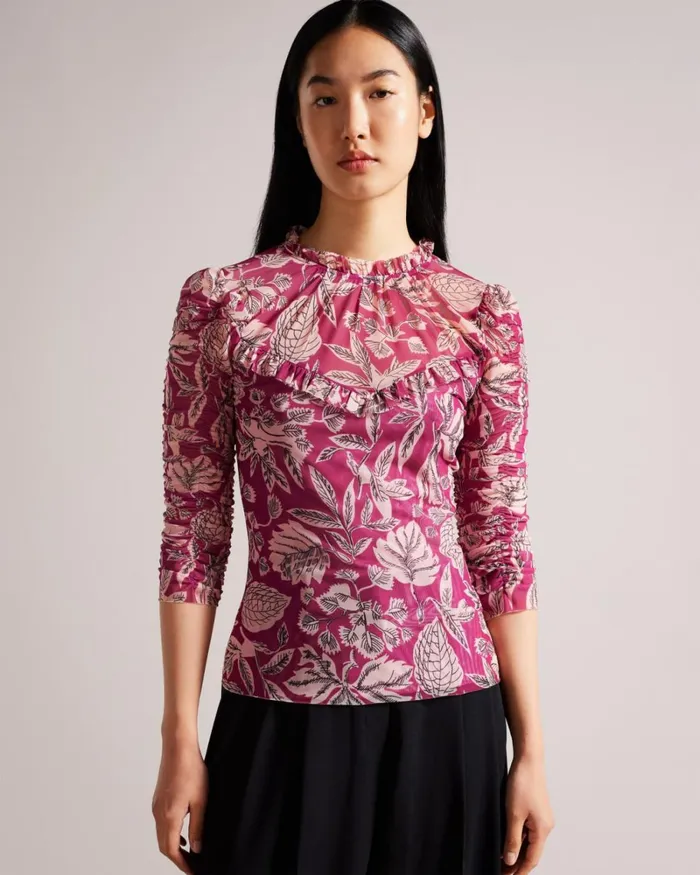 Printed Mesh Top With Frills Bright Pink Women Ted Baker Clothing Printed Mesh Top With Frills Bright Pink Women Ted Baker Clothing