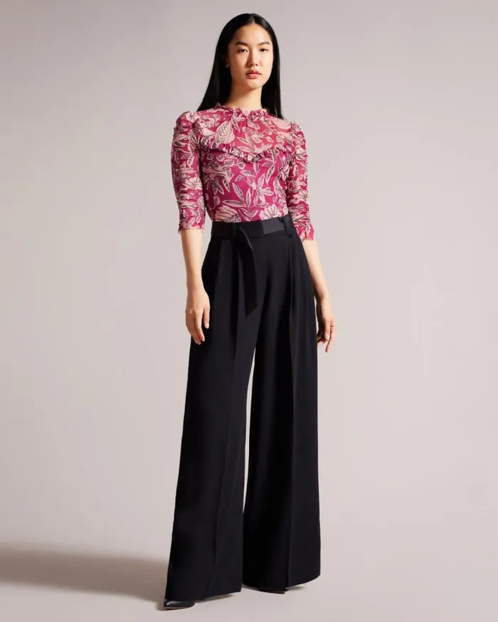 Printed Mesh Top With Frills Bright Pink Women Ted Baker Clothing Printed Mesh Top With Frills Bright Pink Women Ted Baker Clothing
