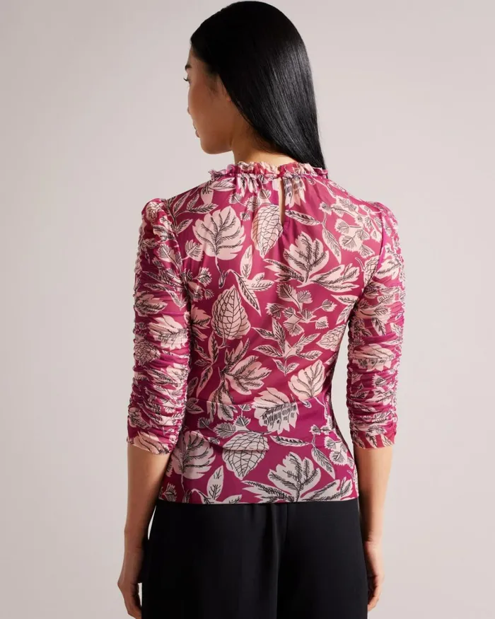 Printed Mesh Top With Frills Bright Pink Women Ted Baker Clothing Printed Mesh Top With Frills Bright Pink Women Ted Baker Clothing