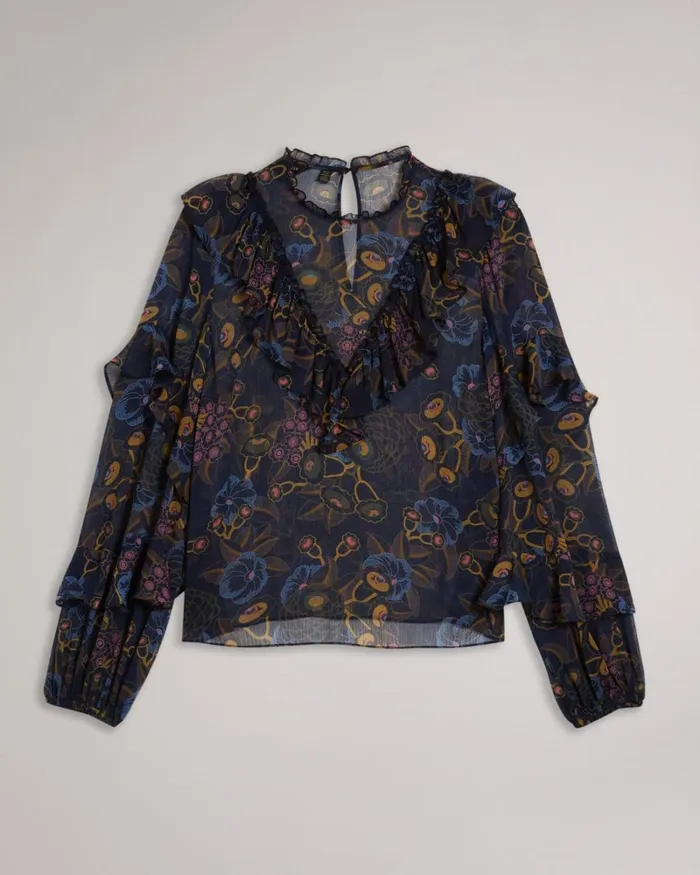 Printed Waterfall Ruffle Top Navy Women Ted Baker Tops and TShirts