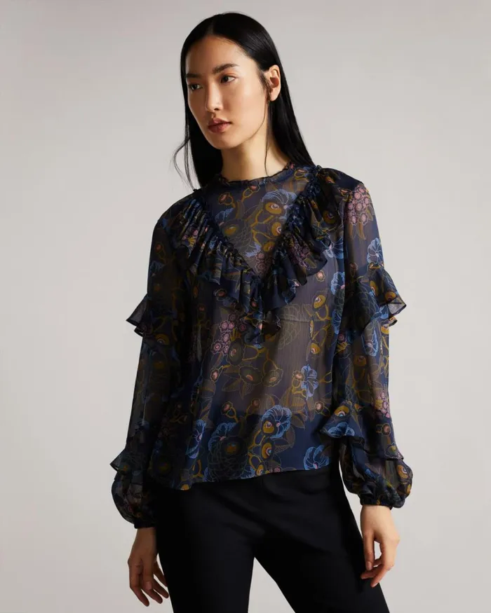 Printed Waterfall Ruffle Top Navy Women Ted Baker Tops and TShirts Printed Waterfall Ruffle Top Navy Women Ted Baker Tops and TShirts