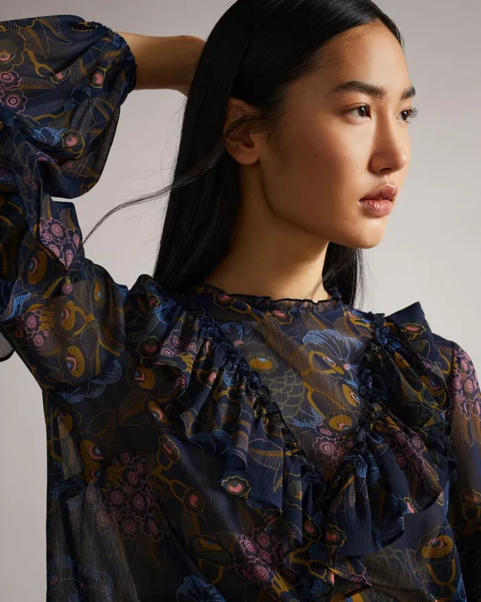 Printed Waterfall Ruffle Top Navy Women Ted Baker Tops and TShirts Printed Waterfall Ruffle Top Navy Women Ted Baker Tops and TShirts