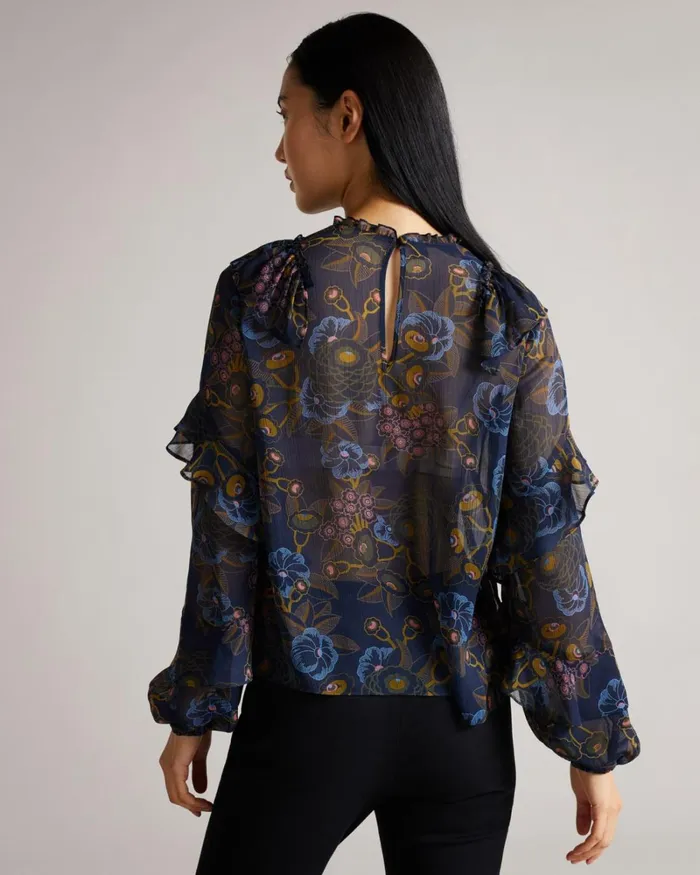 Printed Waterfall Ruffle Top Navy Women Ted Baker Tops and TShirts Printed Waterfall Ruffle Top Navy Women Ted Baker Tops and TShirts