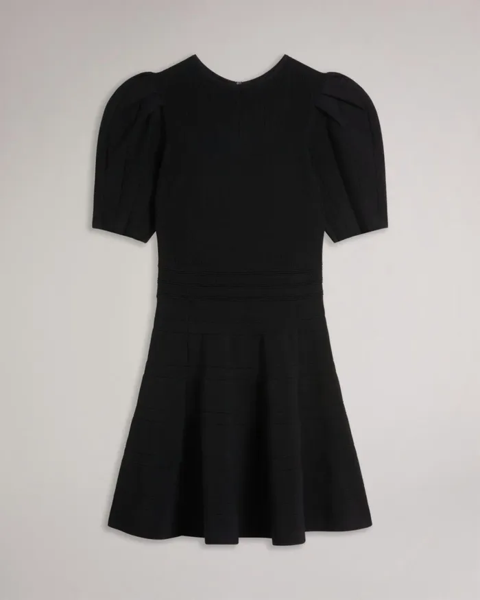 Puff Sleeve Dress With Engineered Skirt Black Women Ted Baker Clothing