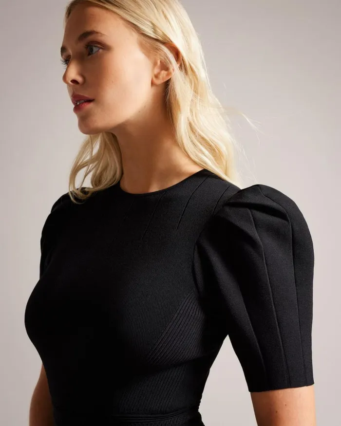 Puff Sleeve Dress With Engineered Skirt Black Women Ted Baker Clothing