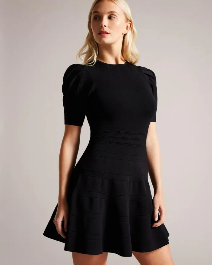 Puff Sleeve Dress With Engineered Skirt Black Women Ted Baker Clothing