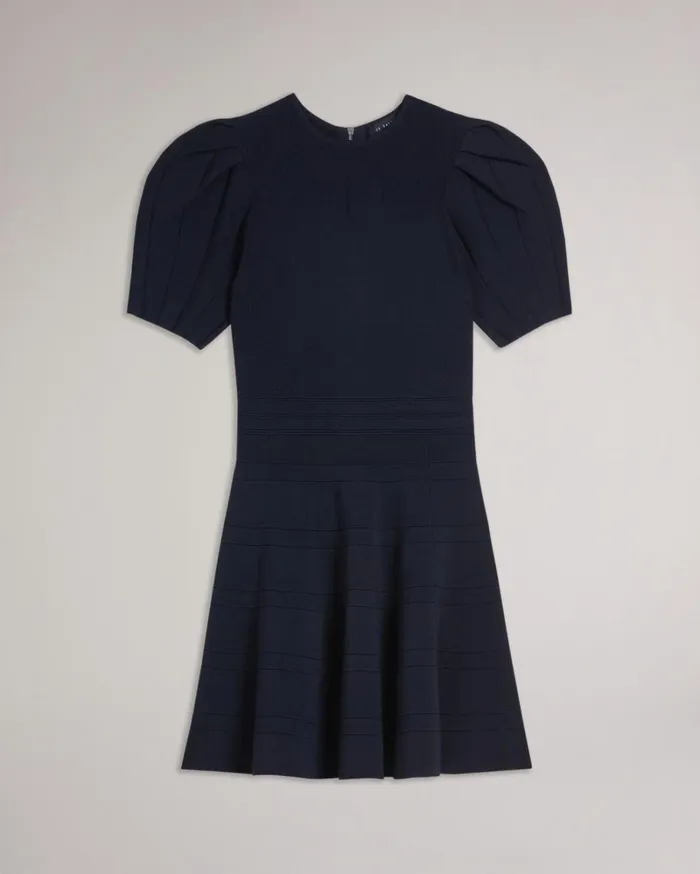 Puff Sleeve Dress With Engineered Skirt Navy Women Ted Baker Clothing