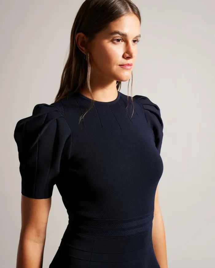 Puff Sleeve Dress With Engineered Skirt Navy Women Ted Baker Clothing
