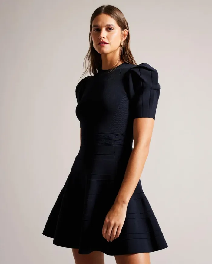 Puff Sleeve Dress With Engineered Skirt Navy Women Ted Baker Clothing