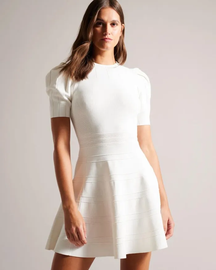 Puff Sleeve Dress With Engineered Skirt White Women Ted Baker Clothing