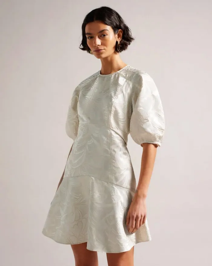 Puff Sleeve Jacquard Mini Dress Natural Women Ted Baker Clothing Puff Sleeve Jacquard Mini Dress Natural Women Ted Baker Clothing