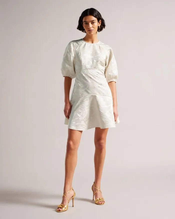 Puff Sleeve Jacquard Mini Dress Natural Women Ted Baker Clothing Puff Sleeve Jacquard Mini Dress Natural Women Ted Baker Clothing