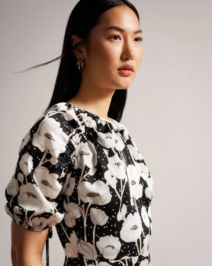 Puff Sleeve Midi Dress Black Women Ted Baker Clothing Puff Sleeve Midi Dress Black Women Ted Baker Clothing
