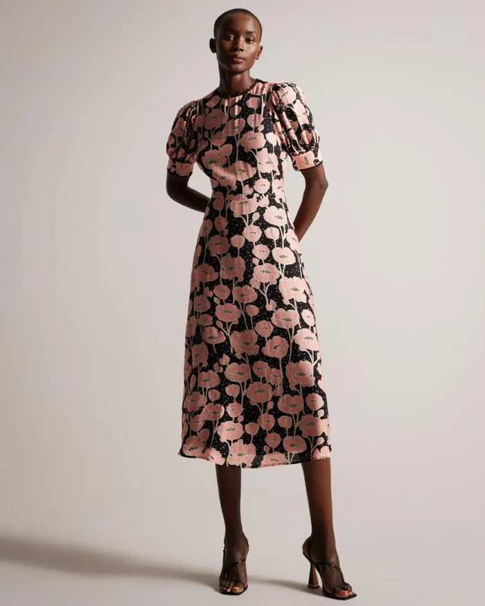 Puff Sleeve Midi Tea Dress Black Women Ted Baker Clothing Puff Sleeve Midi Tea Dress Black Women Ted Baker Clothing