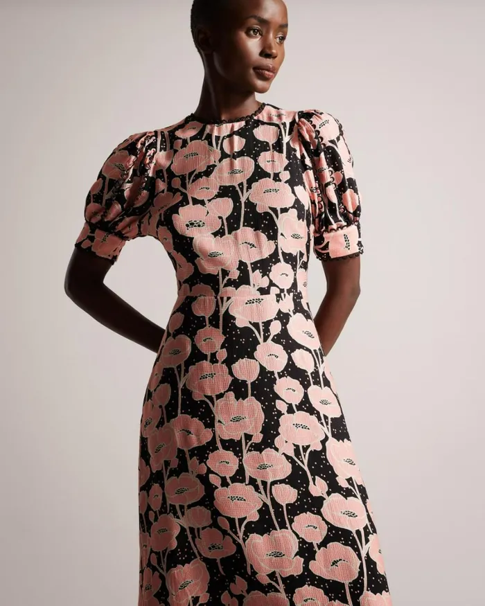 Puff Sleeve Midi Tea Dress Black Women Ted Baker Clothing Puff Sleeve Midi Tea Dress Black Women Ted Baker Clothing