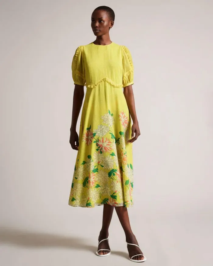 Puff Sleeve Midi Tea Dress Medium Yellow Women Ted Baker Dresses