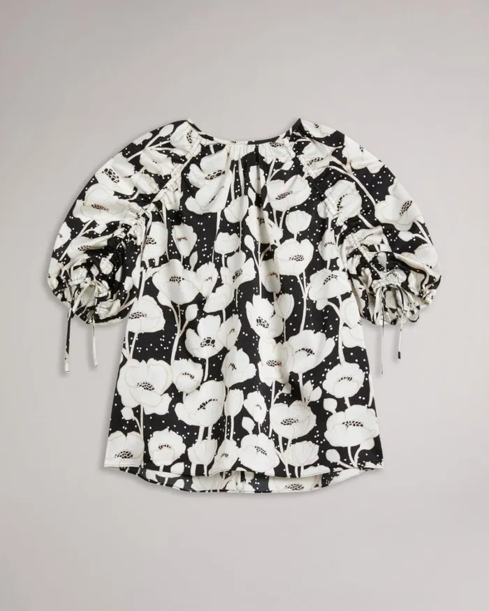Puff Sleeve Poppy Print Top Black Women Ted Baker Clothing