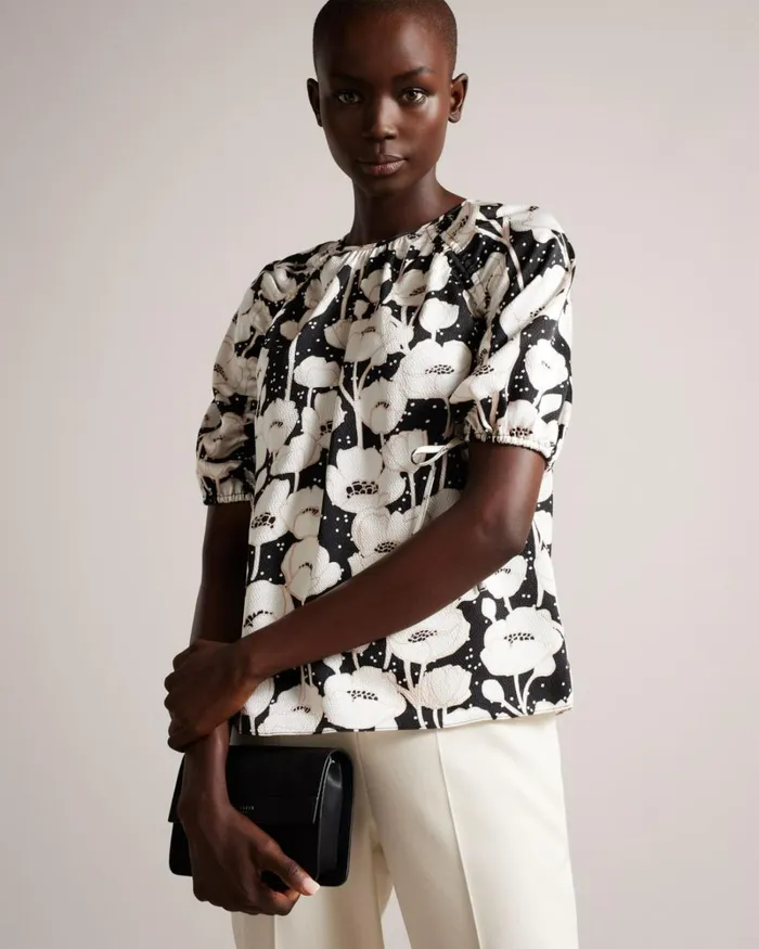 Puff Sleeve Poppy Print Top Black Women Ted Baker Clothing Puff Sleeve Poppy Print Top Black Women Ted Baker Clothing