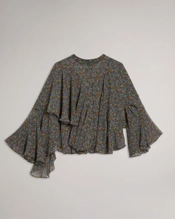 Retro Flood Printed Ruffle Blouse Black Women Ted Baker Tops and TShirts