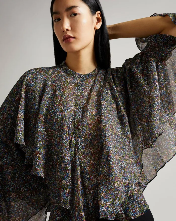Retro Flood Printed Ruffle Blouse Black Women Ted Baker Tops and TShirts Retro Flood Printed Ruffle Blouse Black Women Ted Baker Tops and TShirts