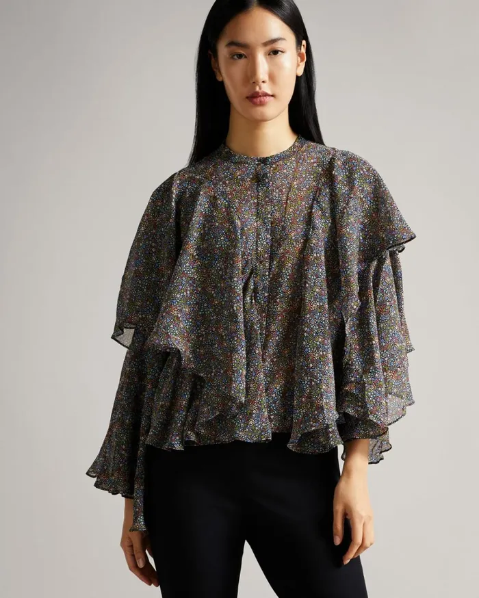 Retro Flood Printed Ruffle Blouse Black Women Ted Baker Tops and TShirts Retro Flood Printed Ruffle Blouse Black Women Ted Baker Tops and TShirts