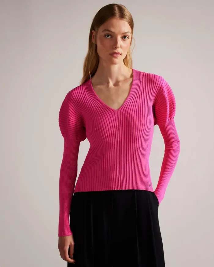 Rib Knit Top With Puff Shoulders DeepPink Women Ted Baker Clothing