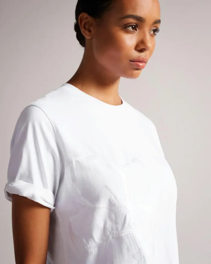 Roll Sleeve Tee With Satin Stitch Magnolia White Women Ted Baker Clothing