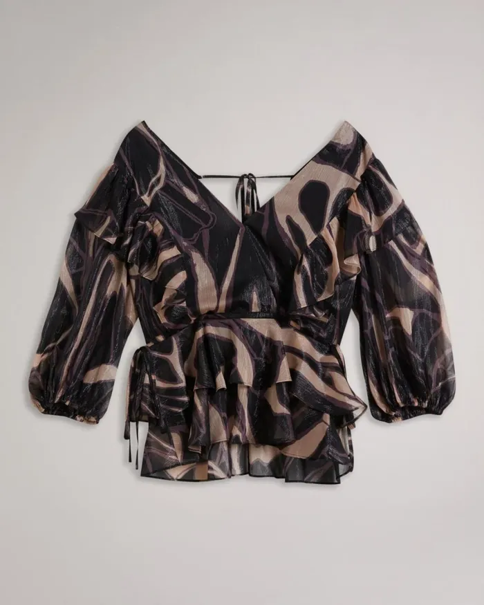 Ruffle VNeck Top With Tie Waist Black Women Ted Baker Clothing