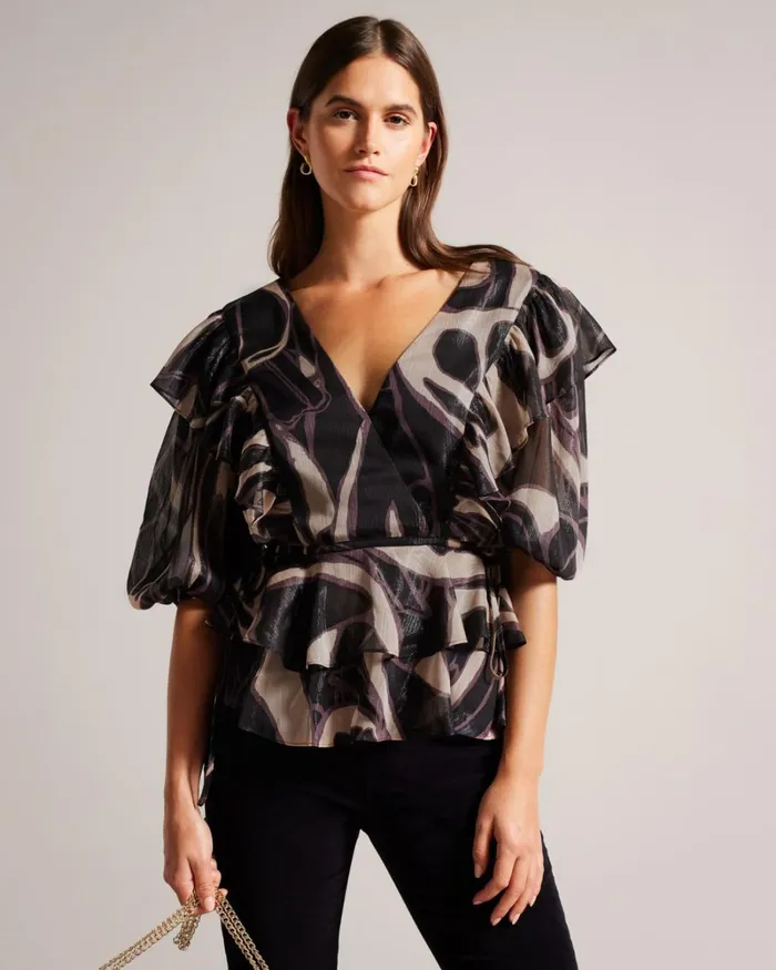 Ruffle VNeck Top With Tie Waist Black Women Ted Baker Clothing