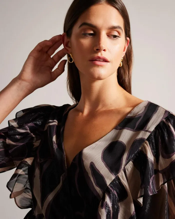 Ruffle VNeck Top With Tie Waist Black Women Ted Baker Clothing